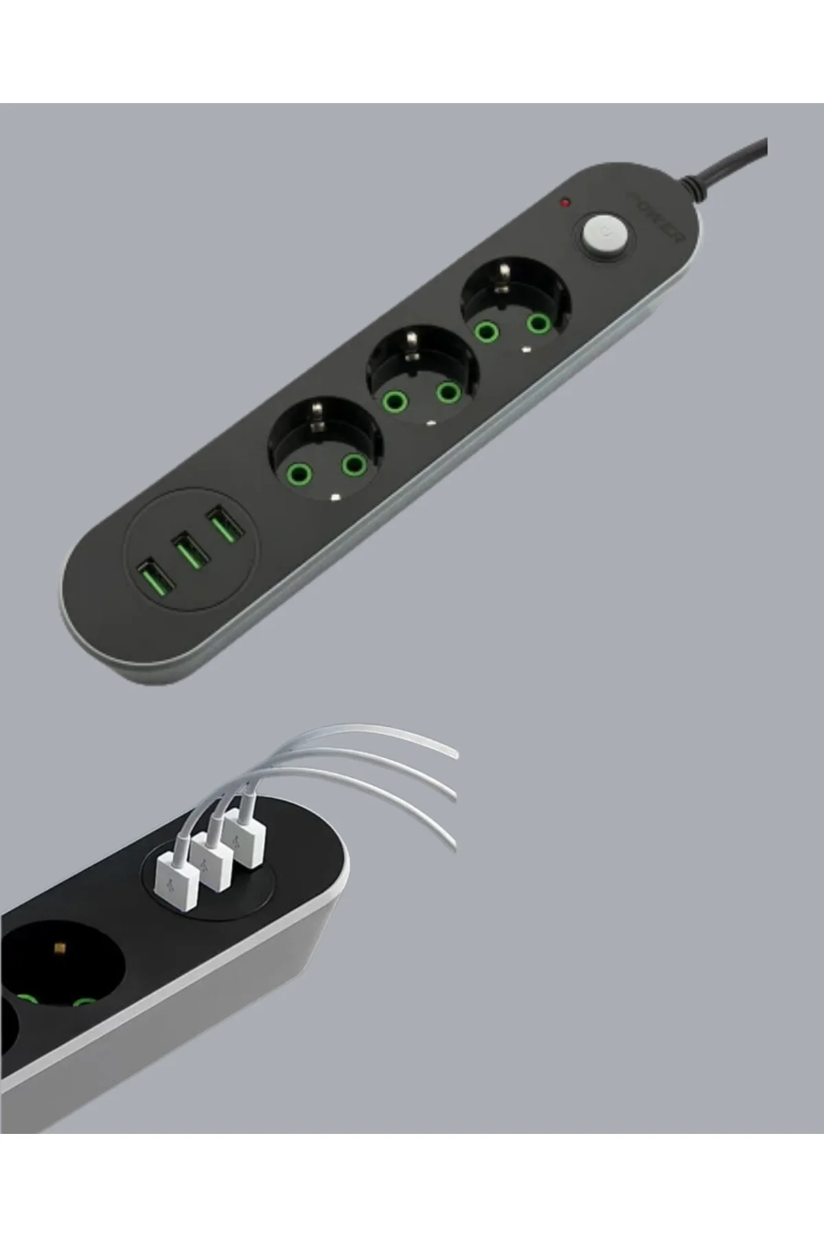 3 USB Çıkışlı Hızlı Şarjlı Anahtarlı Üçlü Priz