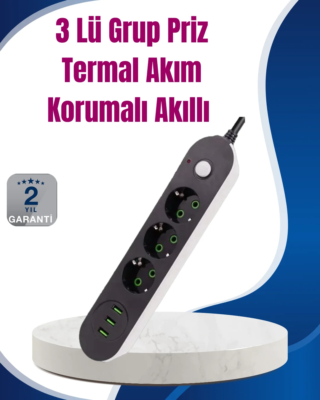 3 USB Çıkışlı Hızlı Şarjlı Anahtarlı Üçlü Priz 3 USB Çıkışlı Hızlı Şarjlı Anahtarlı Üçlü Priz