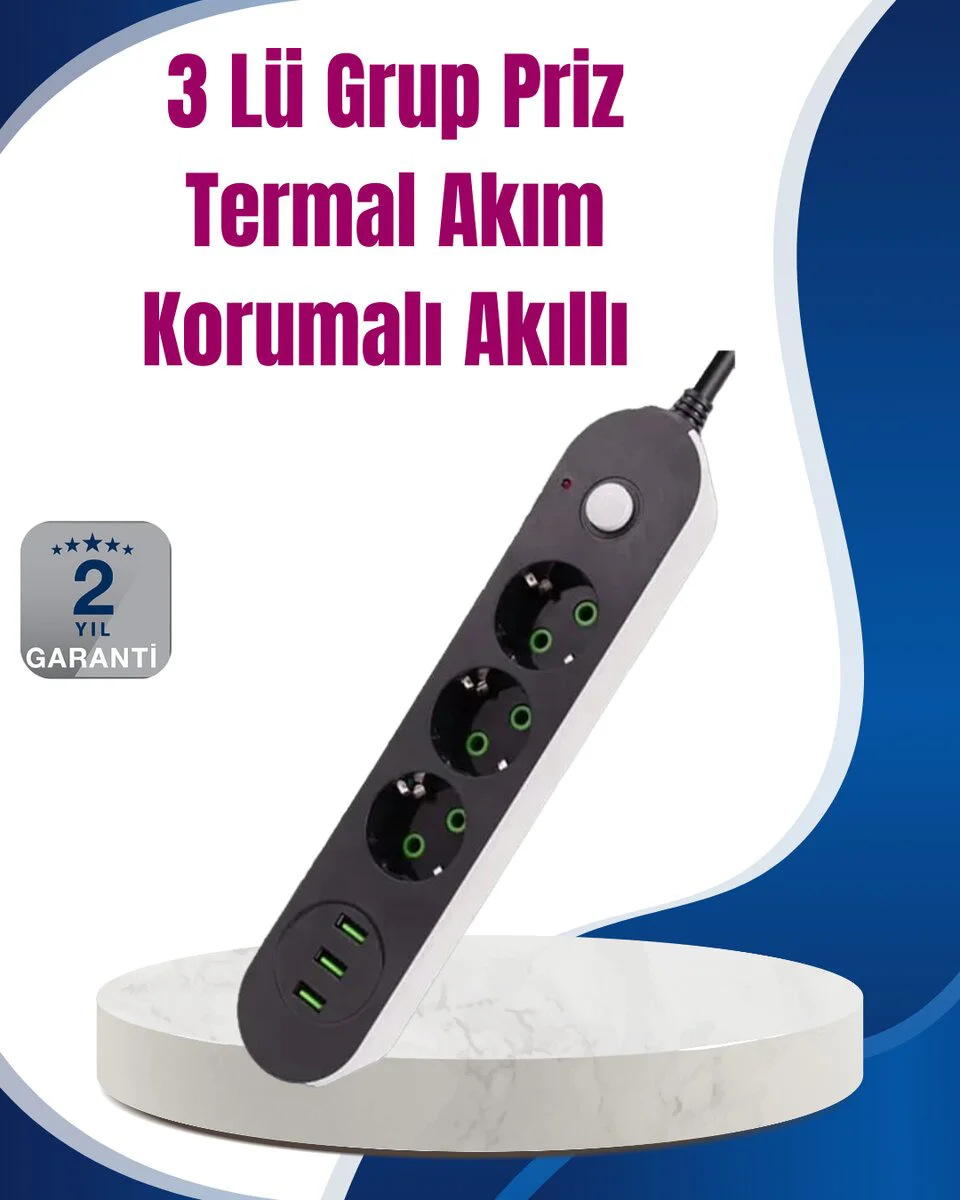 3 USB Çıkışlı Hızlı Şarjlı Anahtarlı Üçlü Priz - Çoklu Şarj ve Güvenli Priz Çözümü