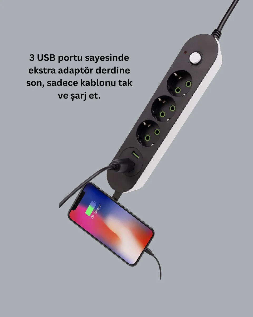 3 USB Çıkışlı Hızlı Şarjlı Anahtarlı Üçlü Priz - Çoklu Şarj ve Güvenli Priz Çözümü