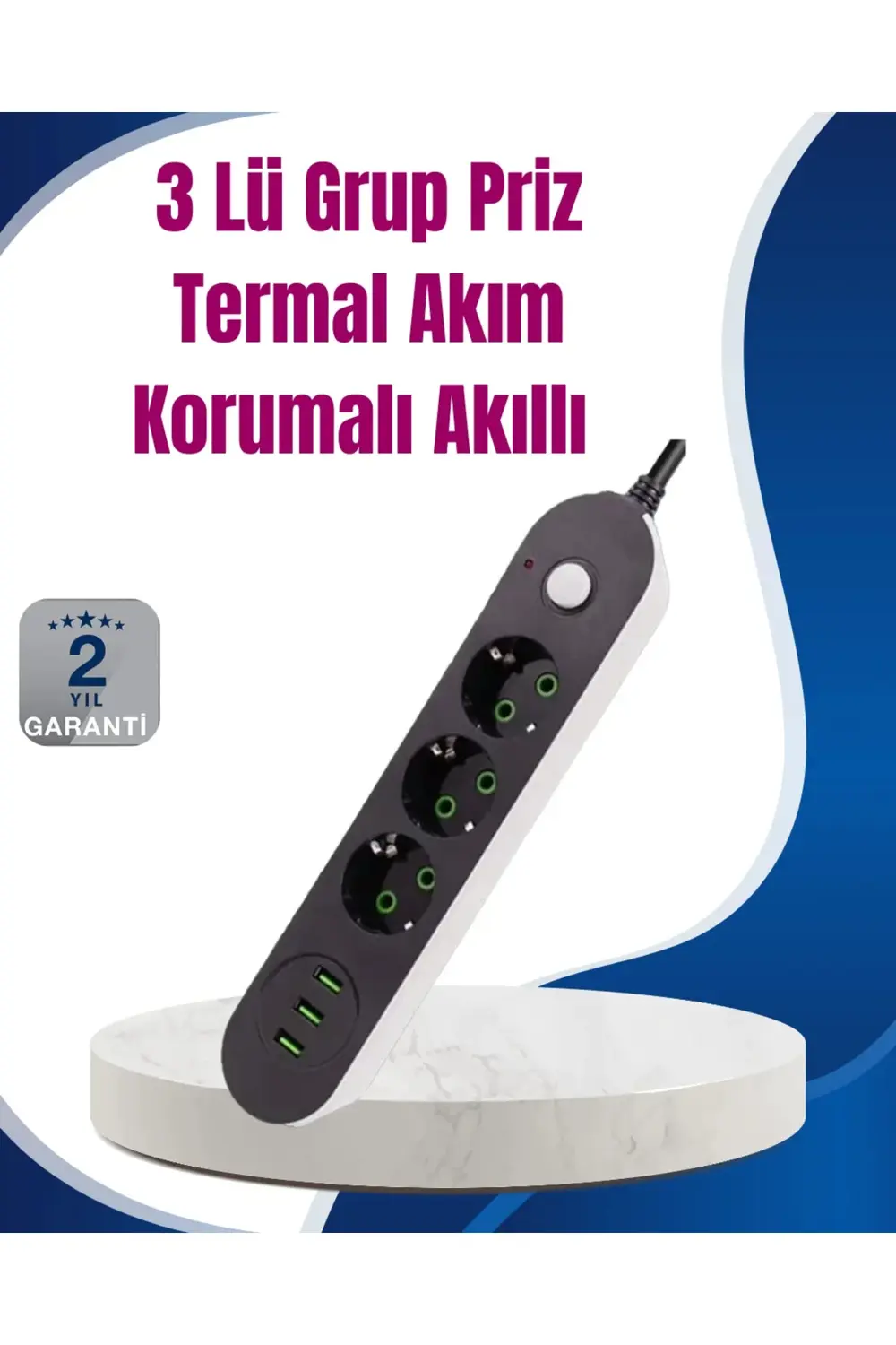 3 USB Çıkışlı Hızlı Şarjlı Anahtarlı Üçlü Priz