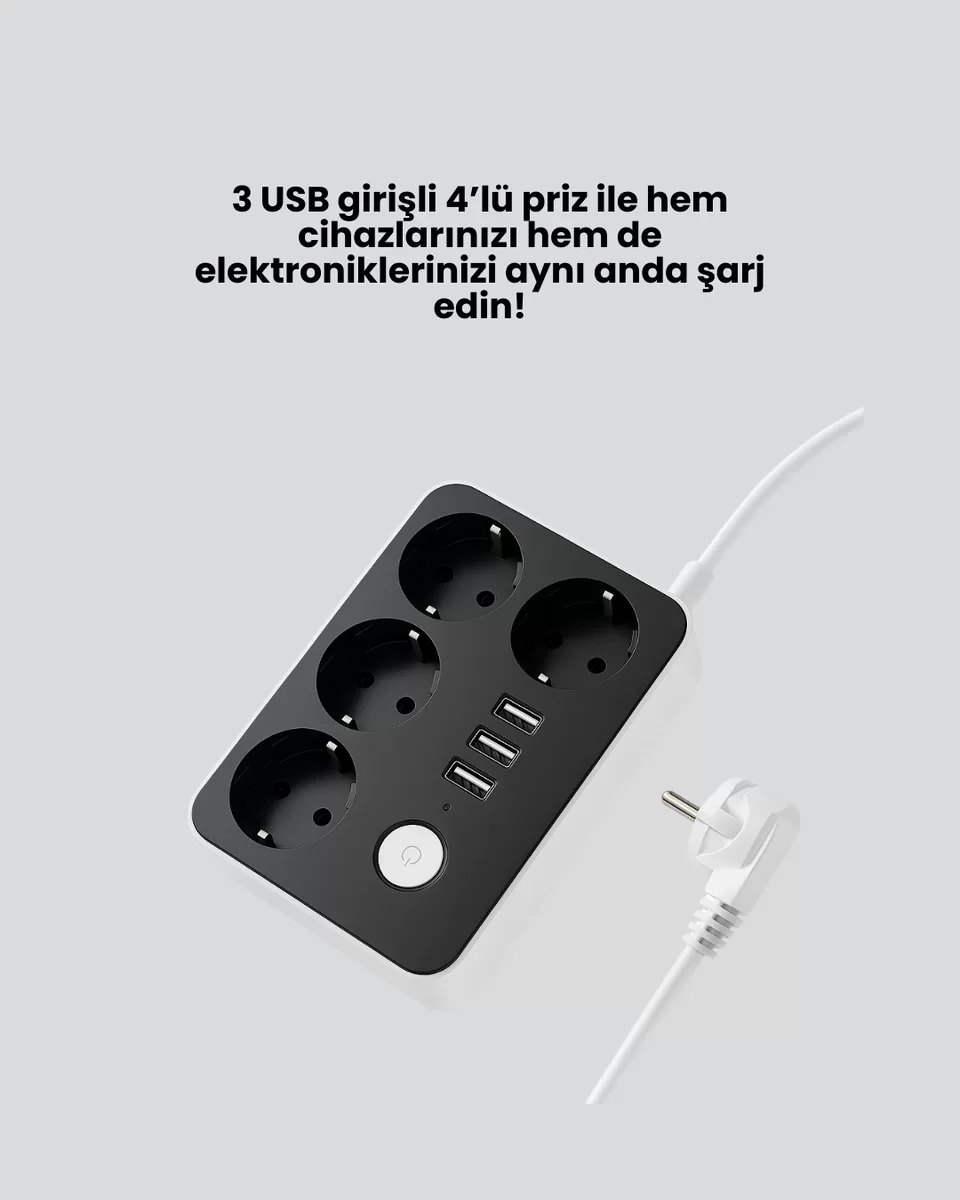 3 USB'li 4 Çıkışlı Akıllı Priz 2500W - Ev ve Ofis İçin Güvenli Şarj Cihazı