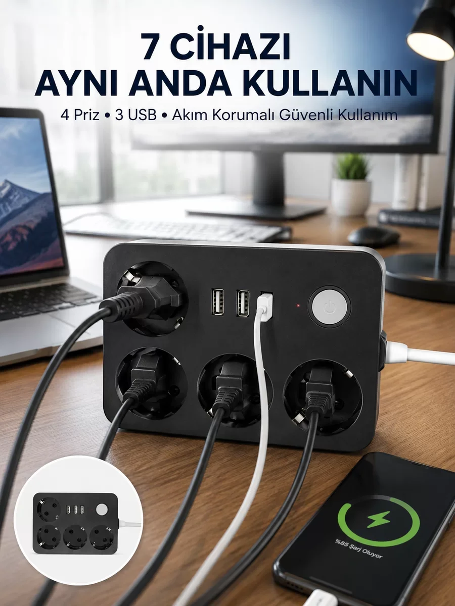 3 USB'li 4 Çıkışlı Akıllı Priz 2500W - Ev ve Ofis İçin Güvenli Şarj Cihazı
