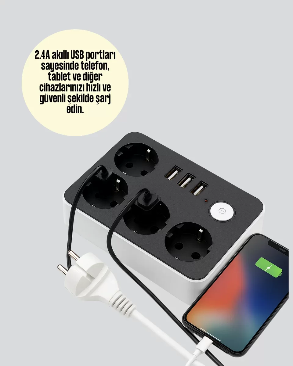 3 USB'li 4 Çıkışlı Akıllı Priz 2500W - Ev ve Ofis İçin Güvenli Şarj Cihazı
