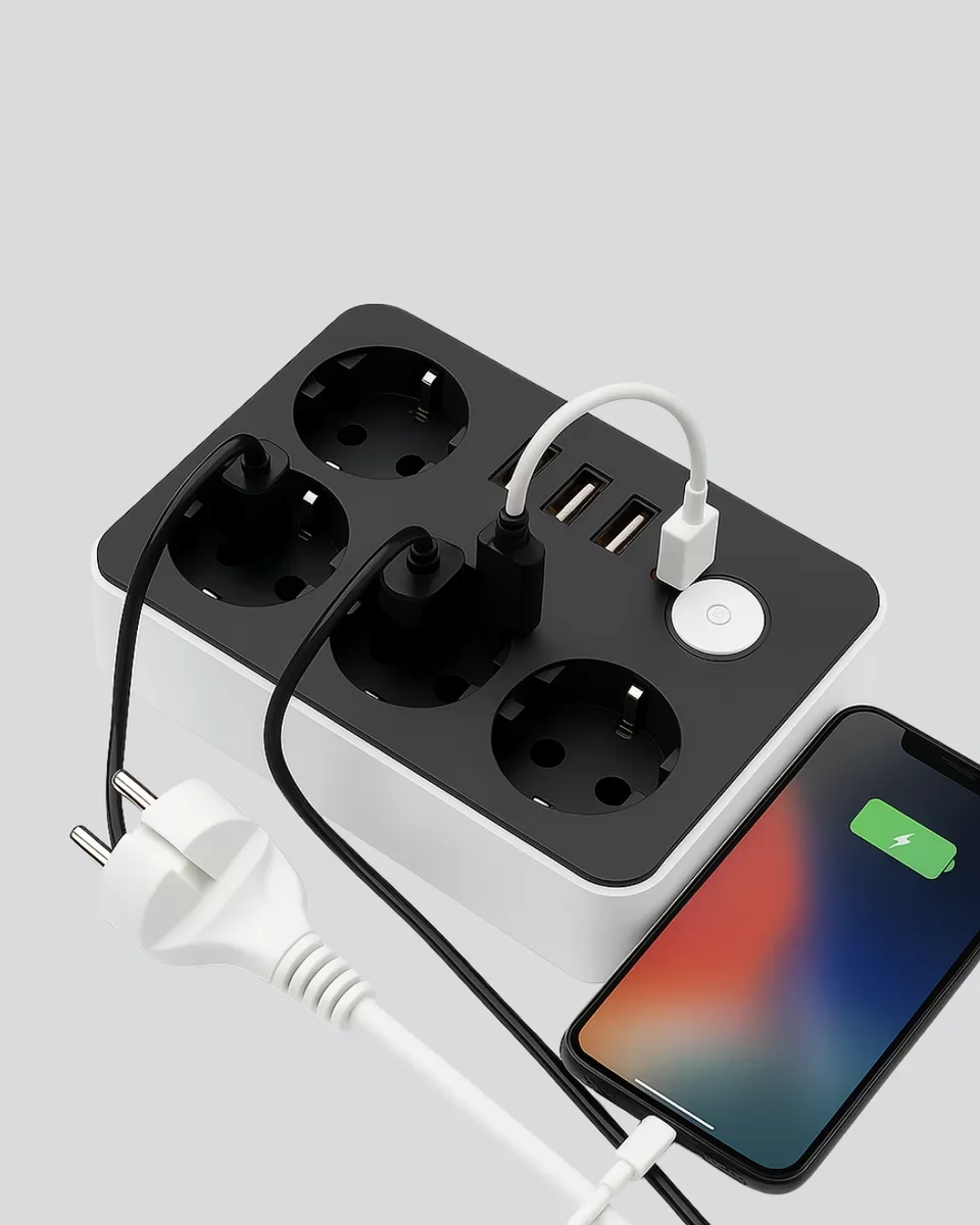 3 USB'li 4 Çıkışlı Akıllı Priz 2500W - Ev ve Ofis İçin Güvenli Şarj Cihazı