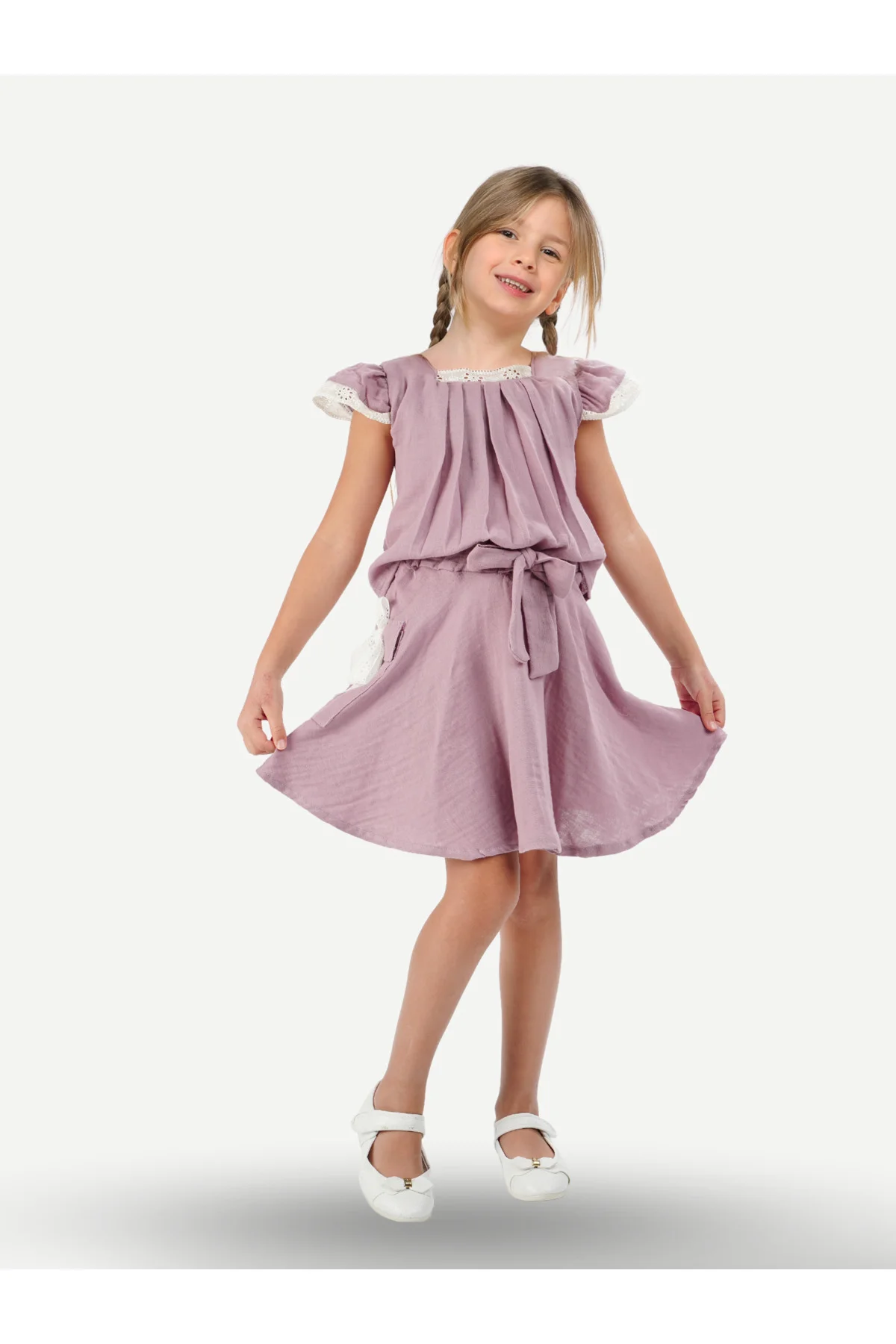 3 Yaş  Lila Muslin Dantelli Kız Çocuk Tunik + Etekli Takım 3 Yaş