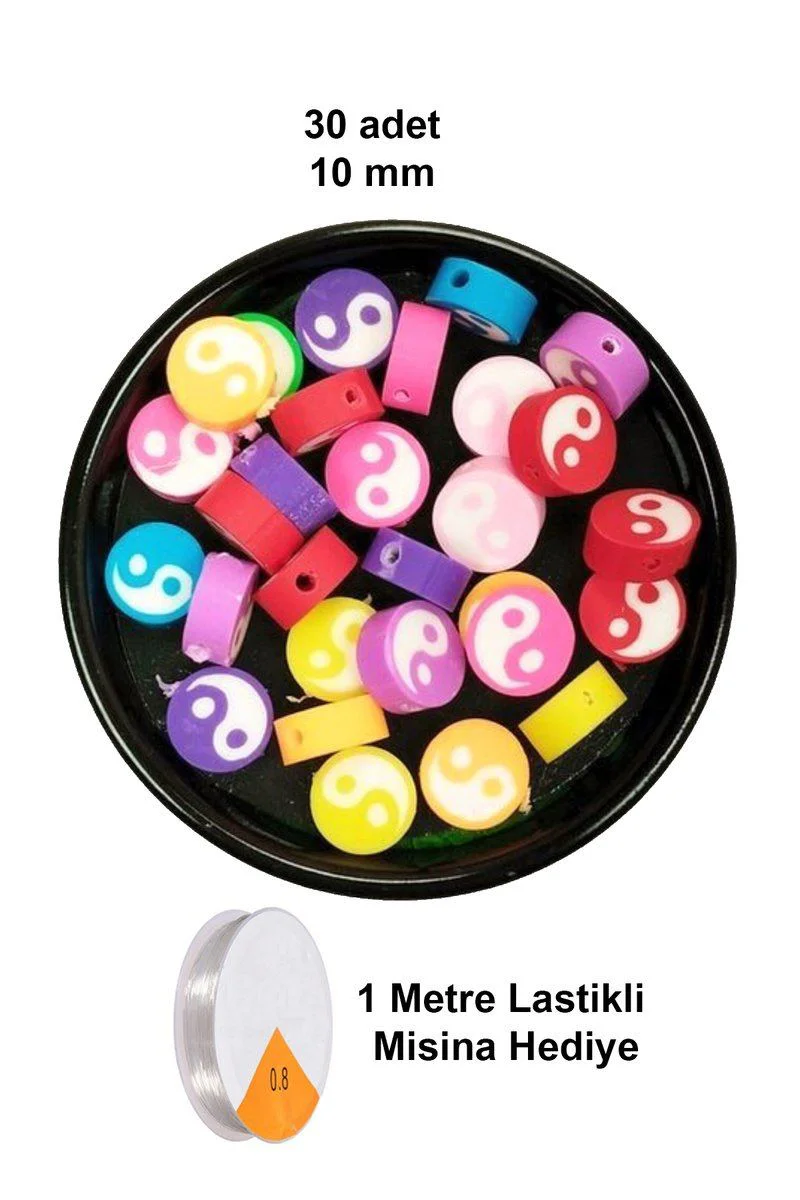 30 Adet 10 mm Polimer Kil Fimo Boncuk - Lastikli Misina Hediye, Renkli Yin Yang Takı Malzemesi