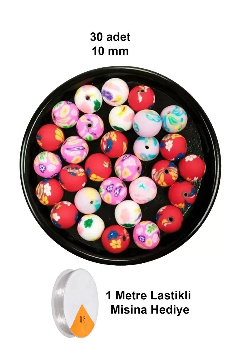 30 Adet 10 mm Polimer Kil Fimo Boncuk Takı Bileklik + 1 Metre Las