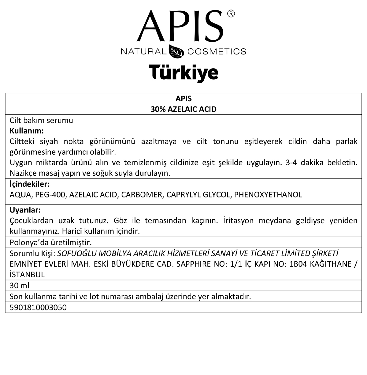 Apis Natural Cosmetics %30 Azelaik Asit Yatiştirici Ve Leke Karşiti Serum - 30Ml