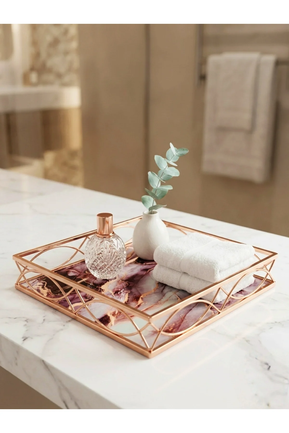 30 cm Dekoratif Lüks Tepsi - Mermer Desenli Rose Gold Metal Organ