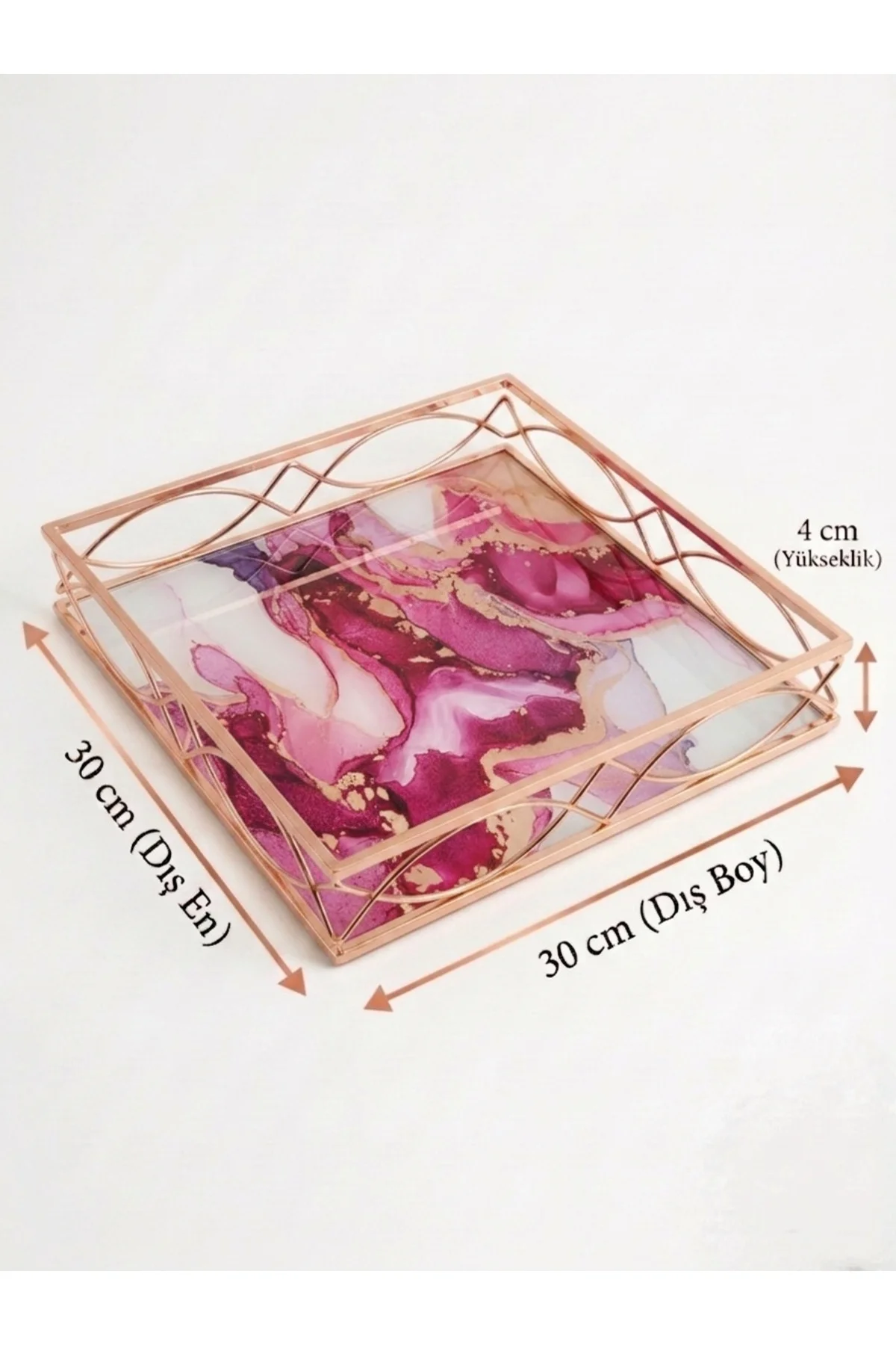 30 cm Dekoratif Lüks Tepsi - Mermer Desenli Rose Gold Metal Organ 30 cm Dekoratif Lüks Tepsi - Mermer Desenli Rose Gold Metal Organ