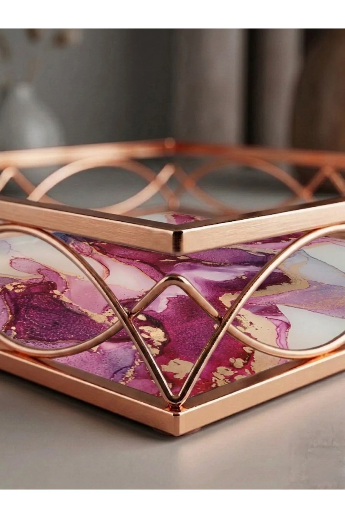 30 cm Dekoratif Lüks Tepsi - Mermer Desenli Rose Gold Metal Organ 30 cm Dekoratif Lüks Tepsi - Mermer Desenli Rose Gold Metal Organ