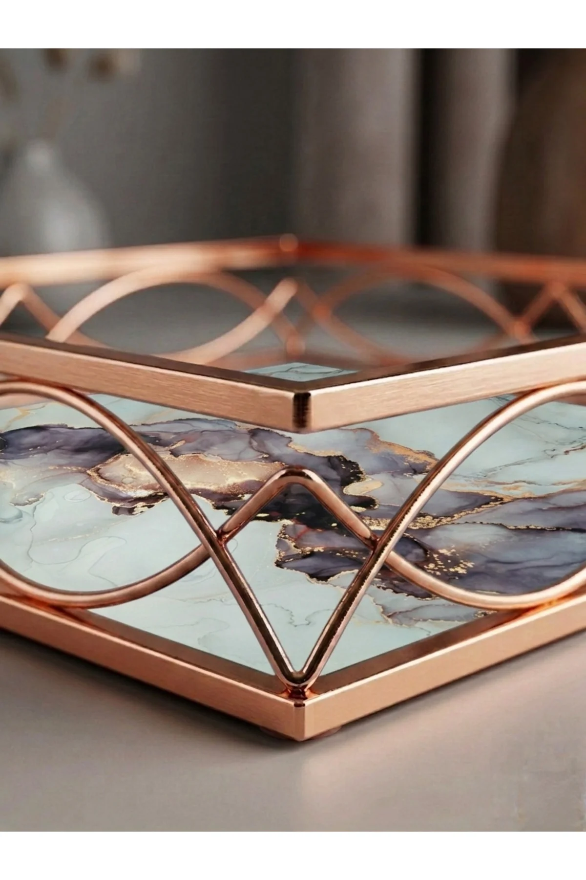 30 cm Dekoratif Lüks Tepsi - Mermer Desenli Rose Gold Metal Organ