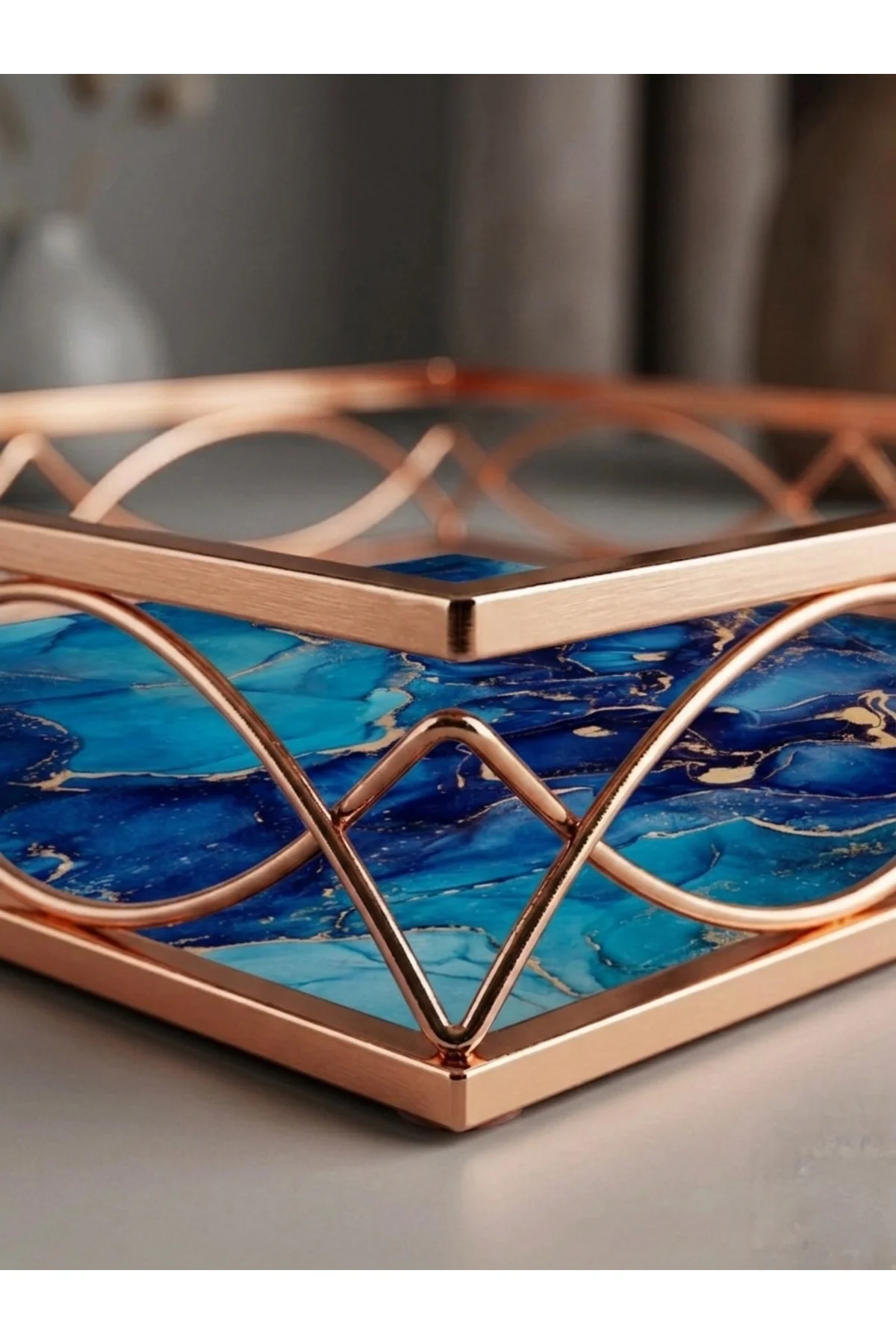 30 cm Dekoratif Lüks Tepsi - Mermer Desenli Rose Gold Metal Organ