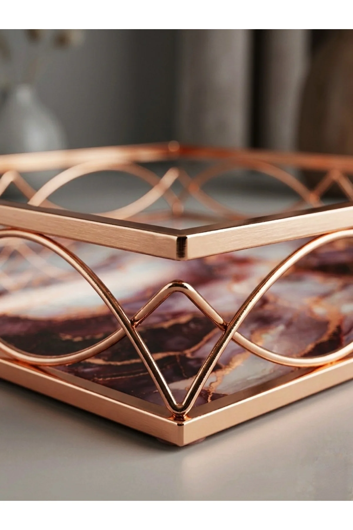 30 cm Dekoratif Lüks Tepsi - Mermer Desenli Rose Gold Metal Organ