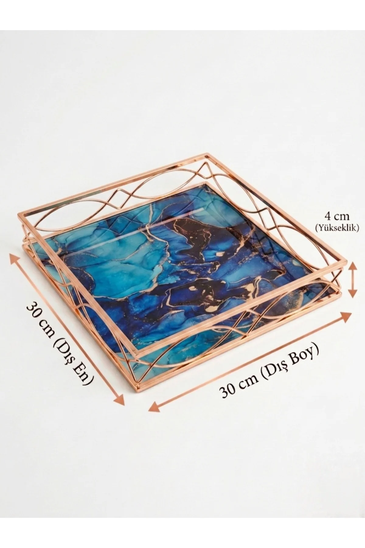 30 cm Dekoratif Lüks Tepsi - Mermer Desenli Rose Gold Metal Organ