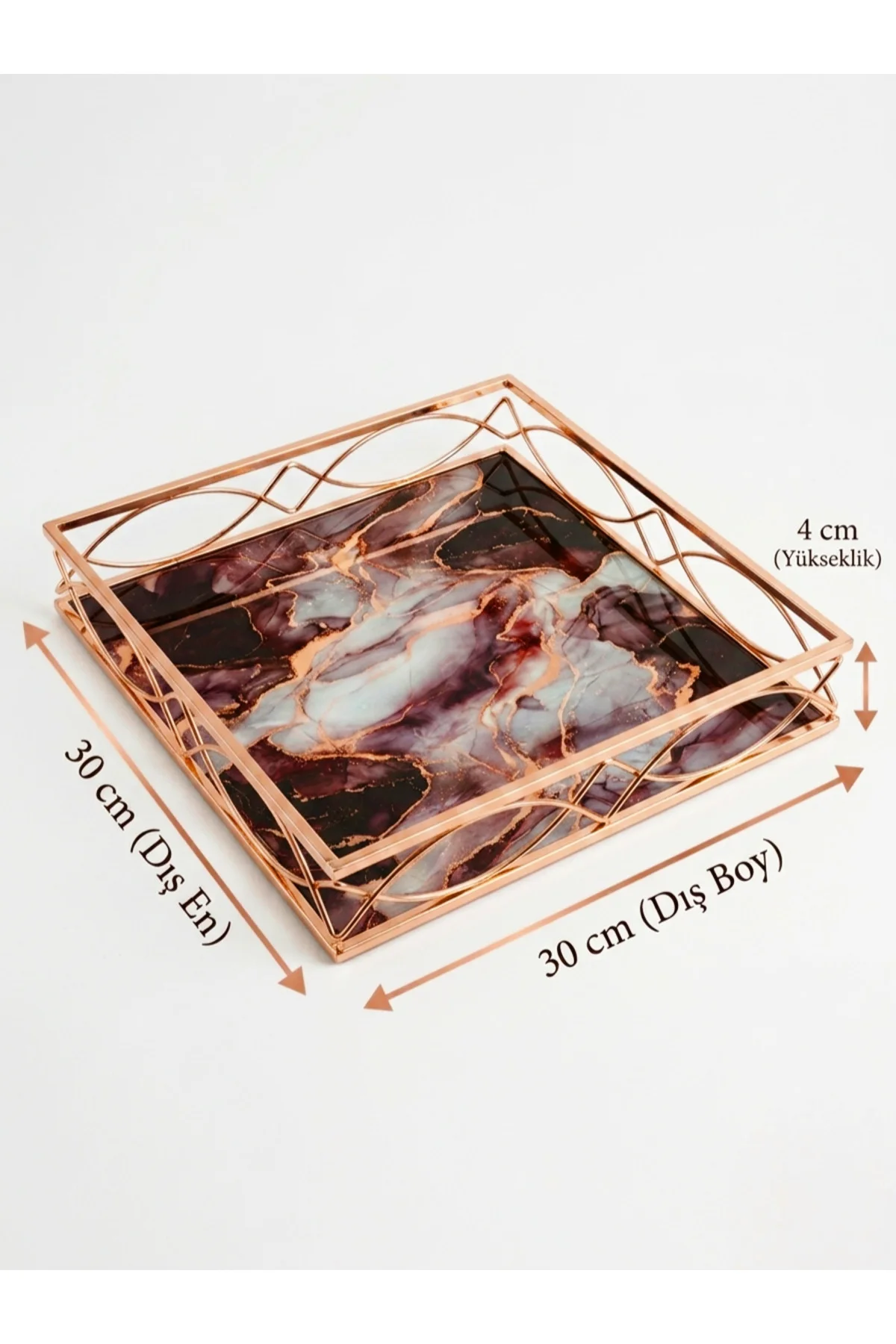 30 cm Dekoratif Lüks Tepsi - Mermer Desenli Rose Gold Metal Organ