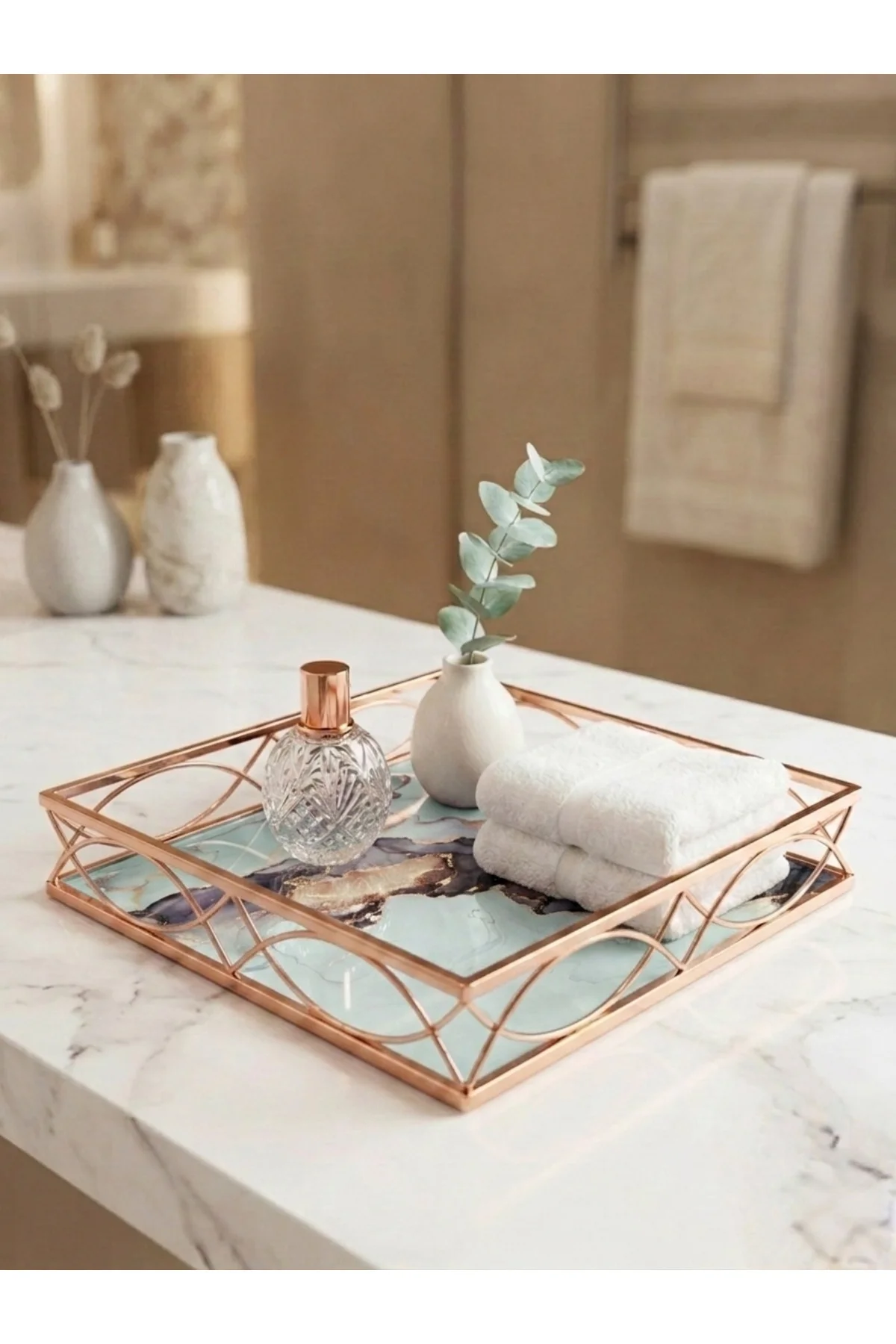 30 cm Dekoratif Lüks Tepsi - Mermer Desenli Rose Gold Metal Organ