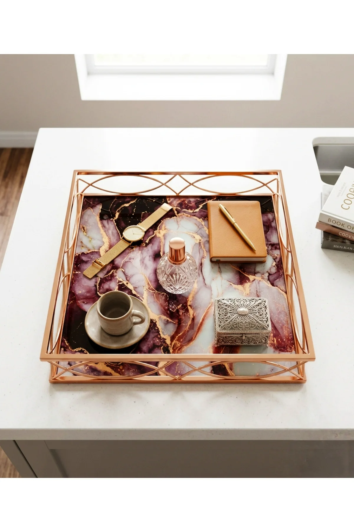 30 cm Dekoratif Lüks Tepsi - Mermer Desenli Rose Gold Metal Organ