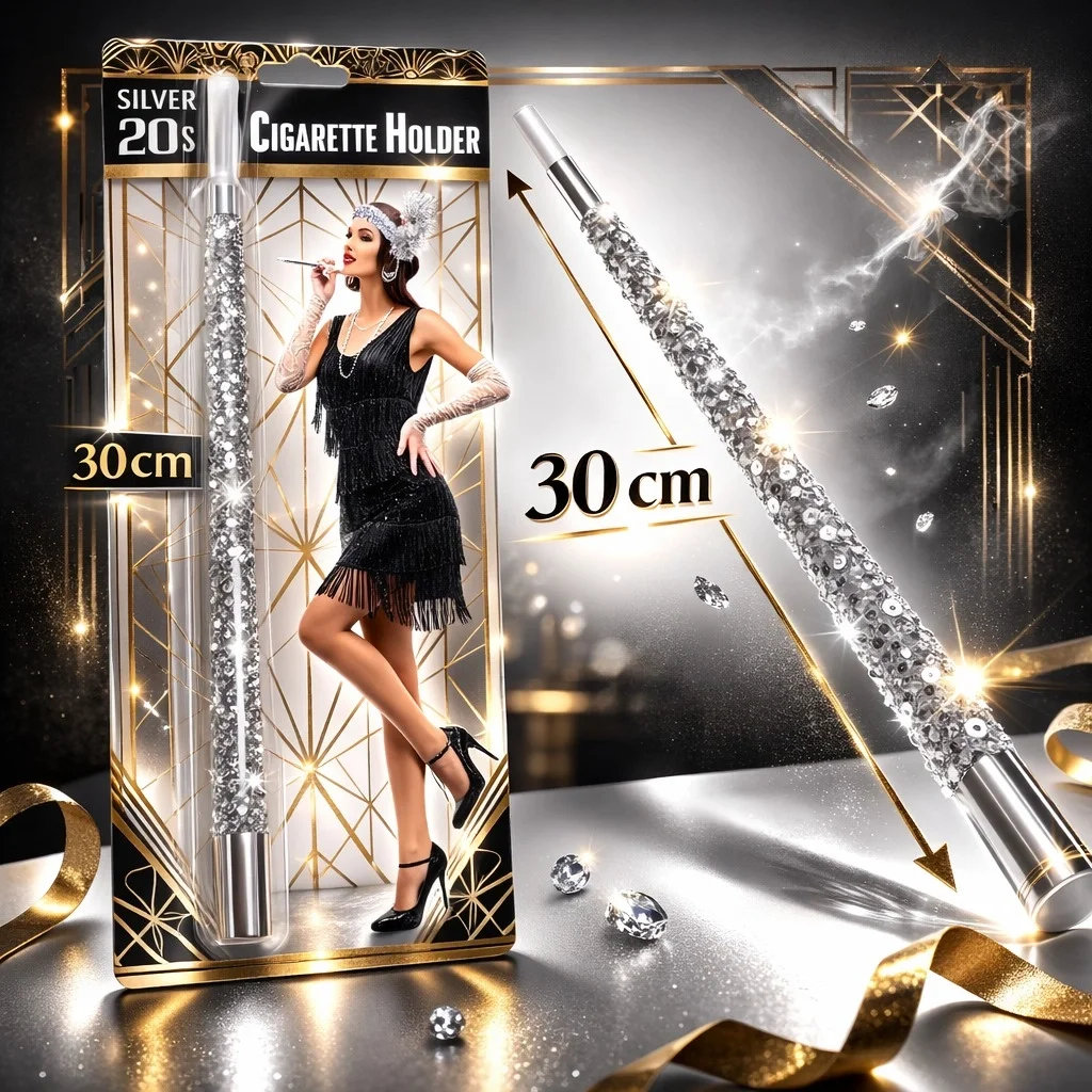 30 Cm Gümüş Payetli Tutacak – 1920’ler Gatsby Parti Aksesuarı