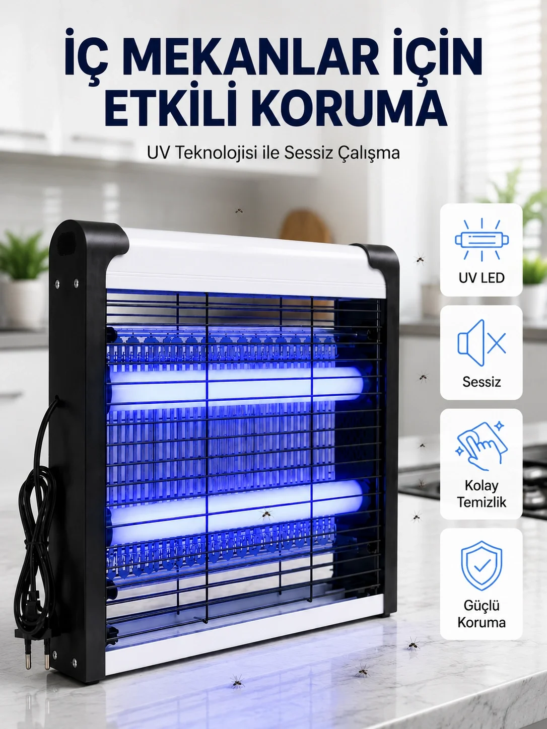 30 m² Etki Alanlı Mavi Işıklı Sinek Öldürücü Cihaz 30 m² Etki Alanlı Mavi Işıklı Sinek Öldürücü Cihaz