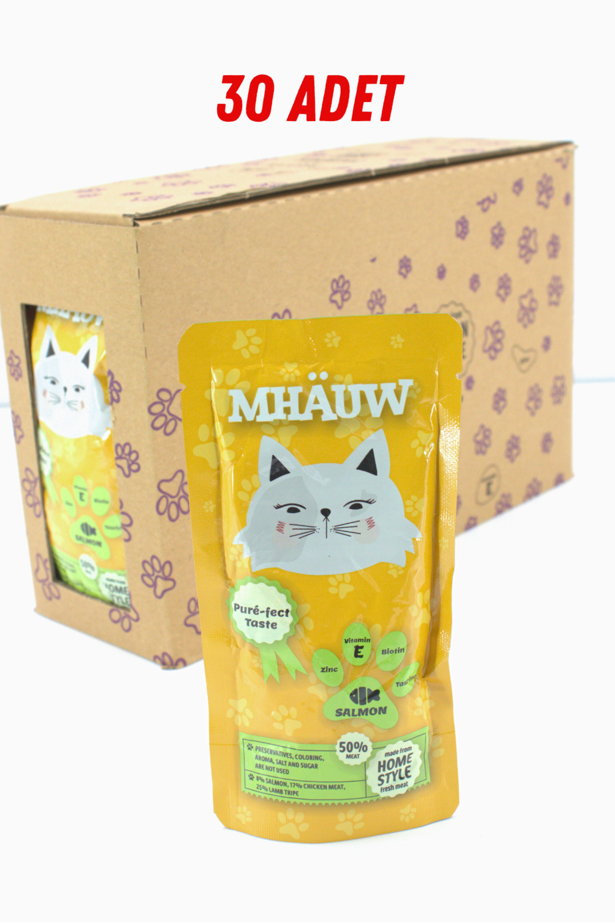 30 Paket Mhauw Kediler İçin Somonlu Ödül Mama Püre 80 Gr
