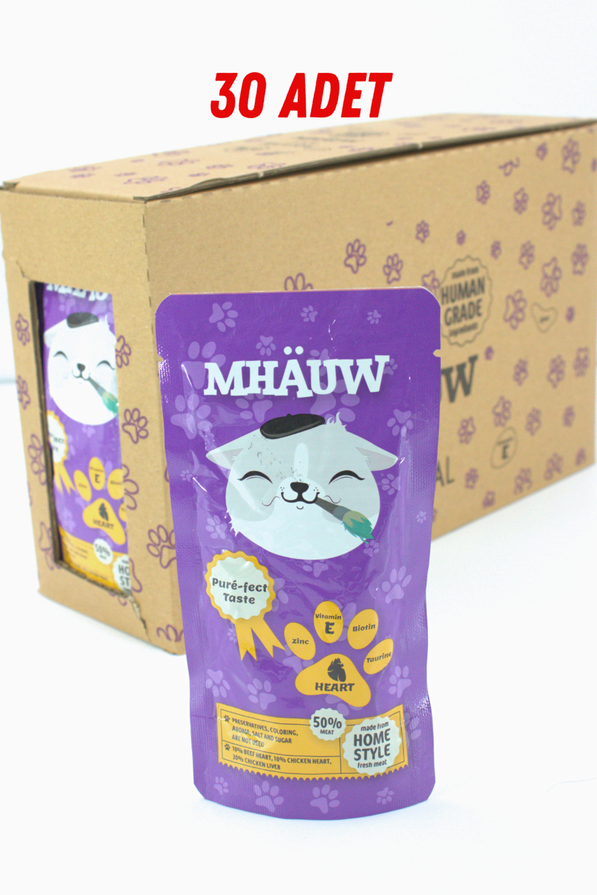 30 Paket Mhauw Kediler İçin Yürekli Ödül Mama Püre 80 Gr