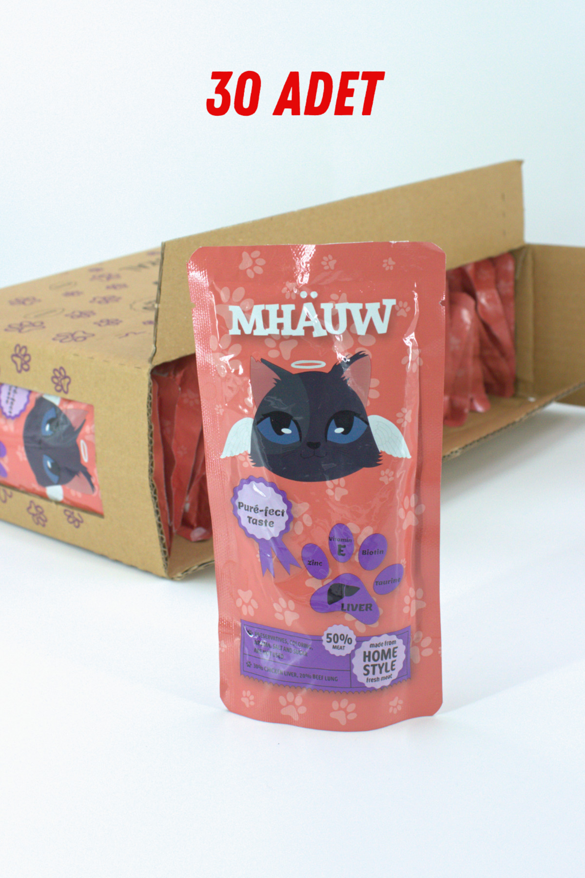 30 Paket Mhauw Kediler İçin Ciğer Ödül Mama Püre 80 Gr