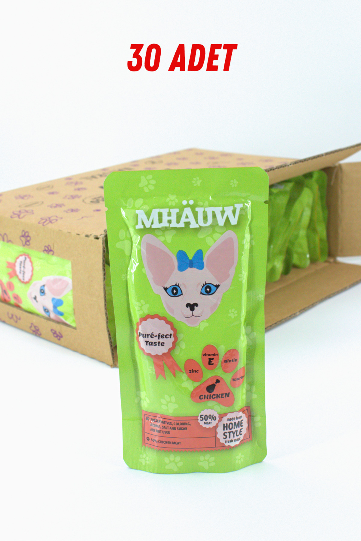 30 Paket Mhauw Kediler İçin Tavuklu Ödül Mama Püre 80 Gr