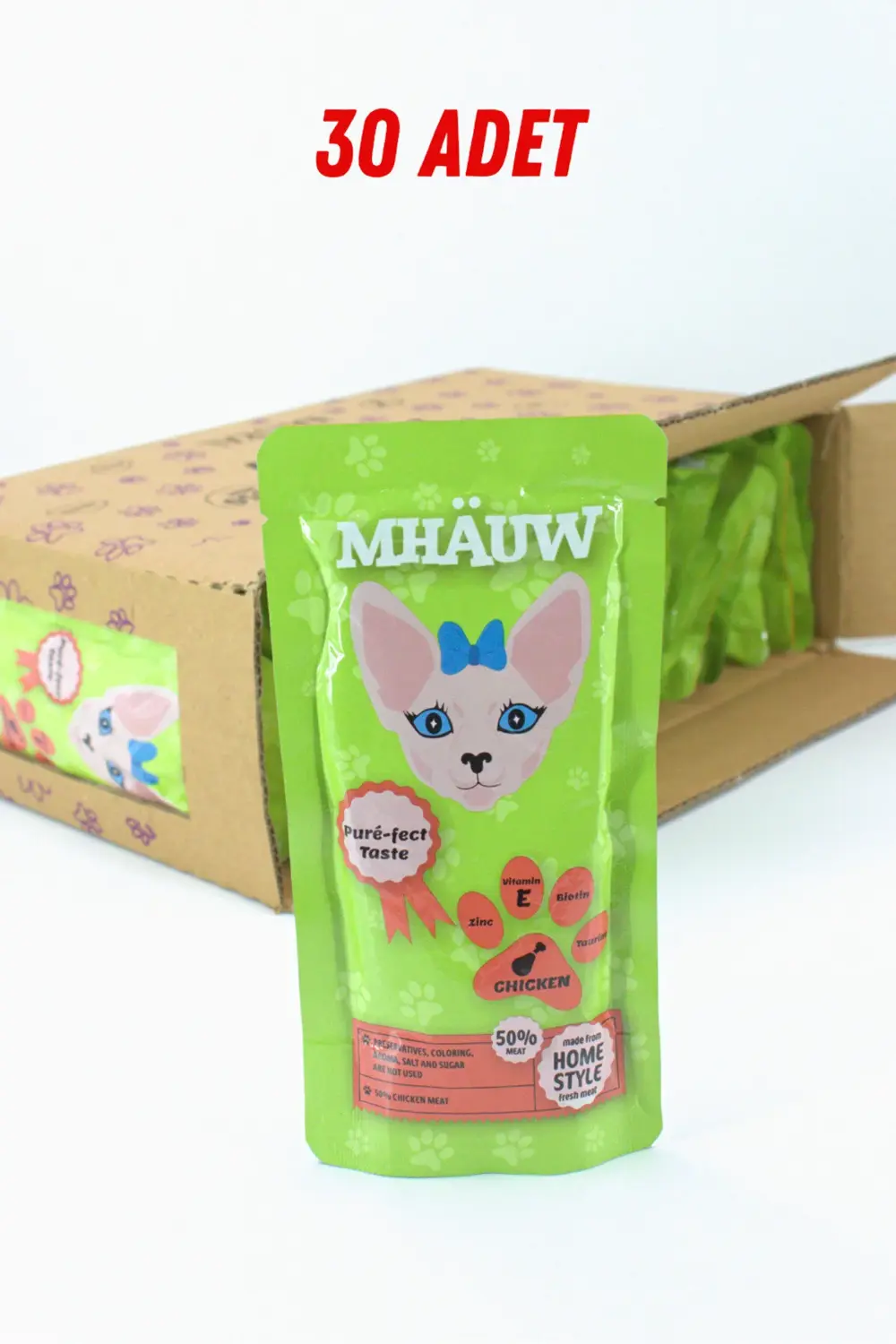 30 Paket Mhauw Kediler İçin Tavuklu Ödül Mama Püre 80 Gr