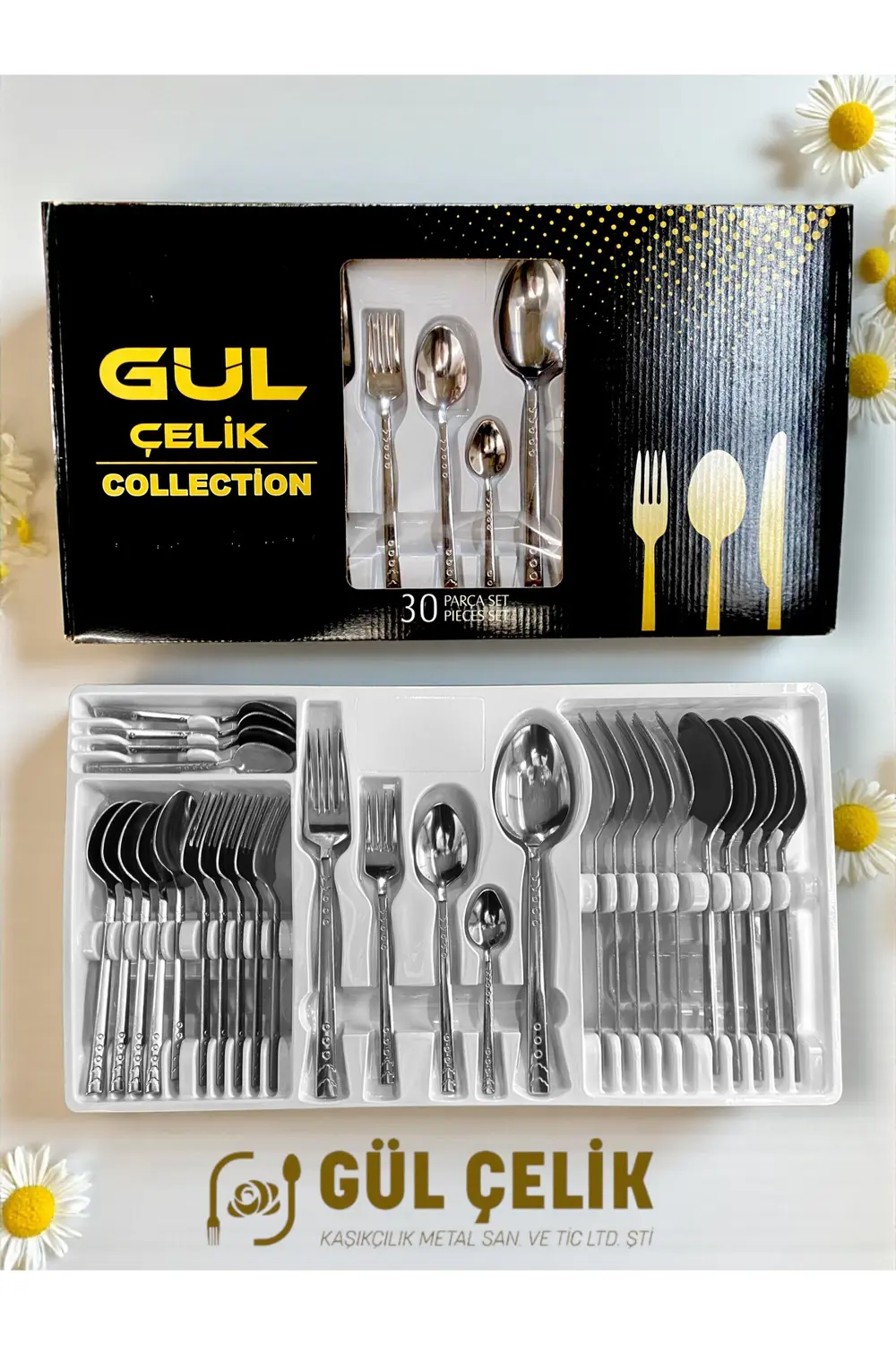 30 Parça 6 Kişilik Çatal Kaşık Seti Boncuk Model Kutulu 18/0 Kali