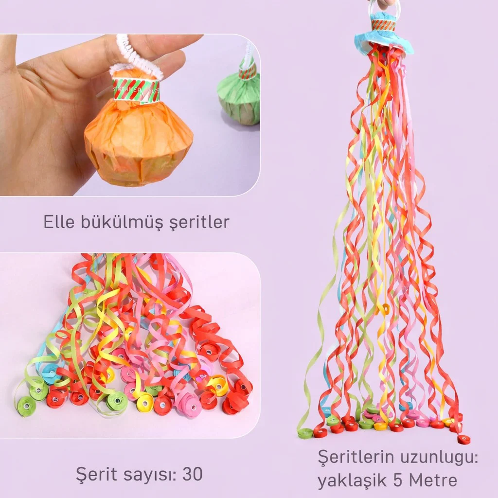 30 Şeritli Elle Atılan Konfeti – 5 Metre Uzayan Renkli Şerit Konfeti | Parti Aksesuarı