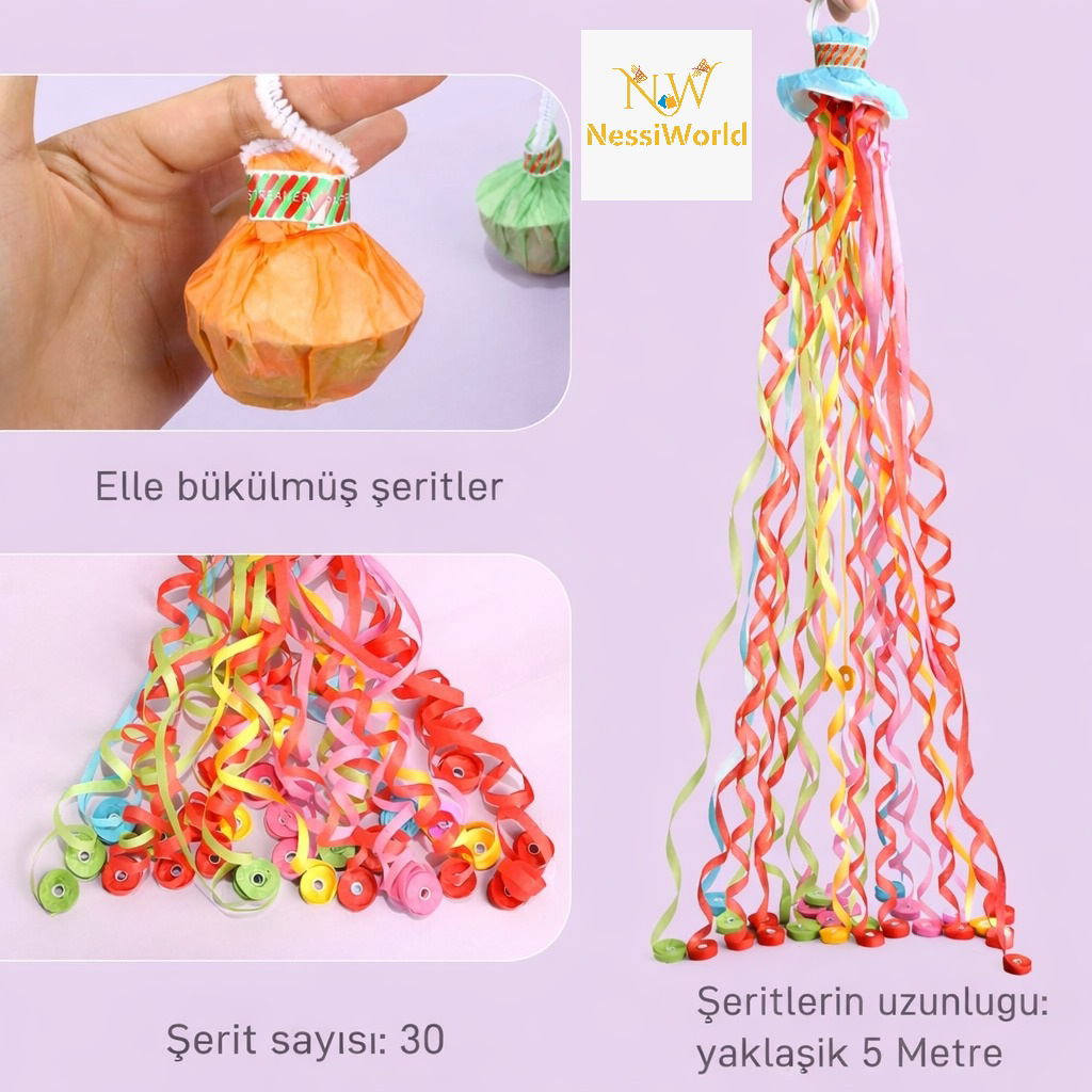 30 Şeritli Renkli Elle Atılan Konfeti – 5 Metre Uzayan Şerit Konf