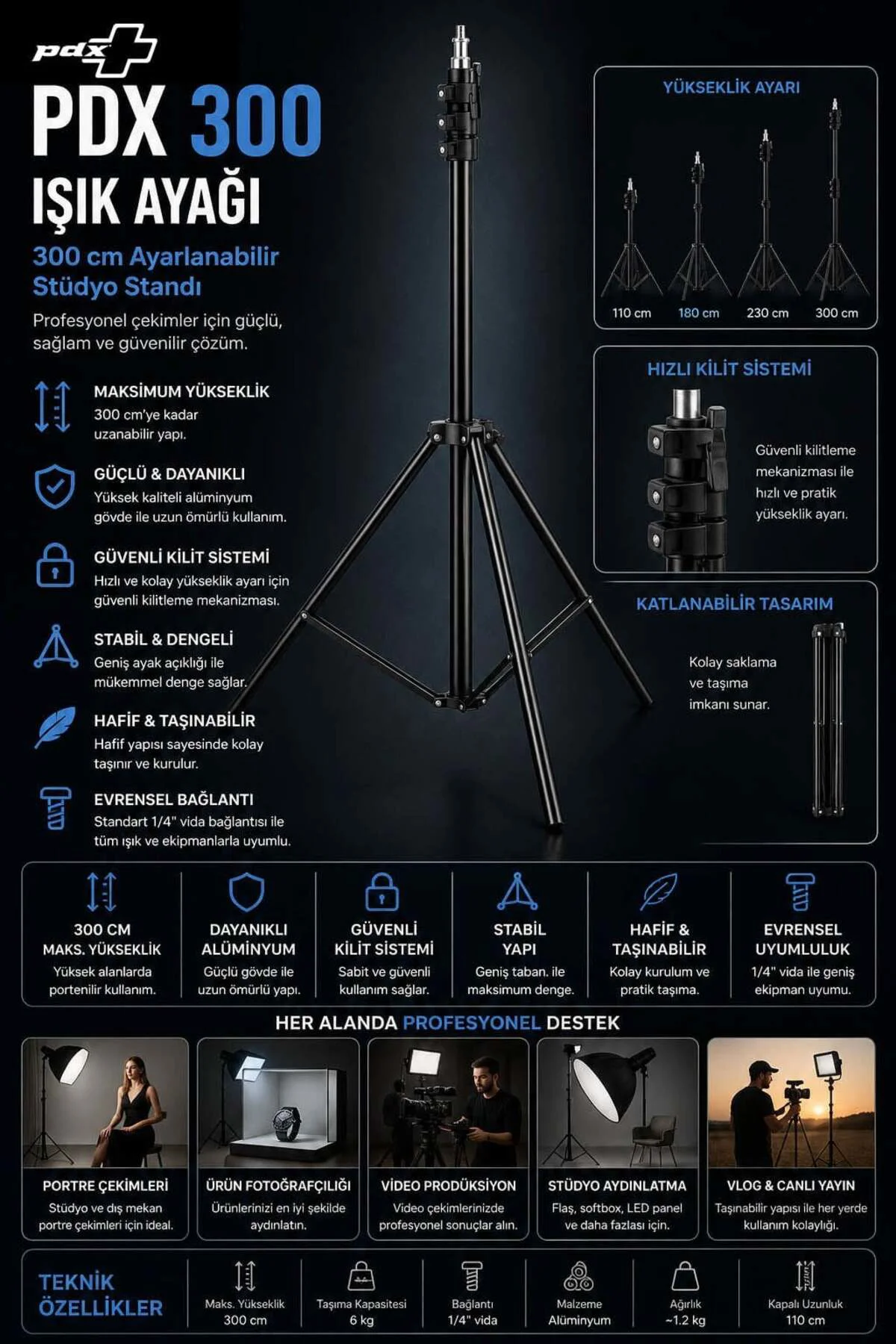 300 Işık Ayağı | 300 cm | Ayarlanabilir Stüdyo Standı