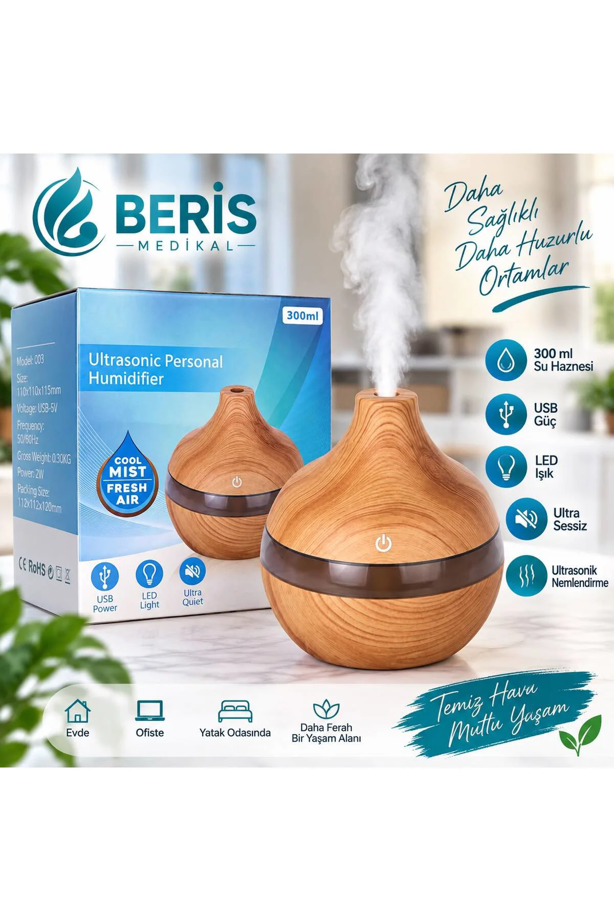 300 ML Ultrasonik Hava Nemlendirici Buhar Makinesi LED Işıklı USB Sessiz