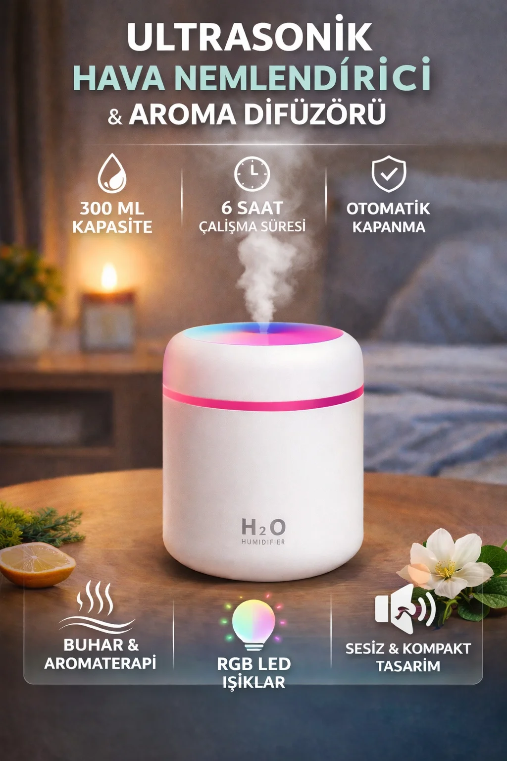 300 ML Ultrasonik LED Işıklı Hava Nemlendirici Aroma Difüzörü