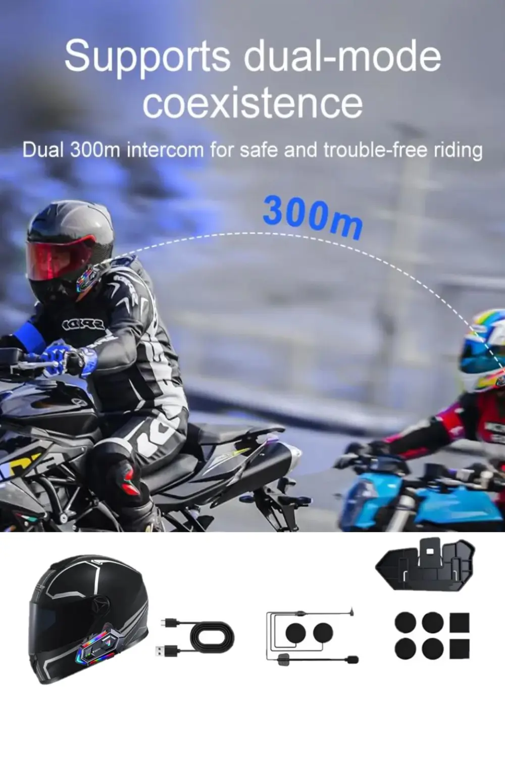 300 Mt Intercom 2 Eşleşmeli Kask Kulaklık Y-20MX Su Geçirmez Blue