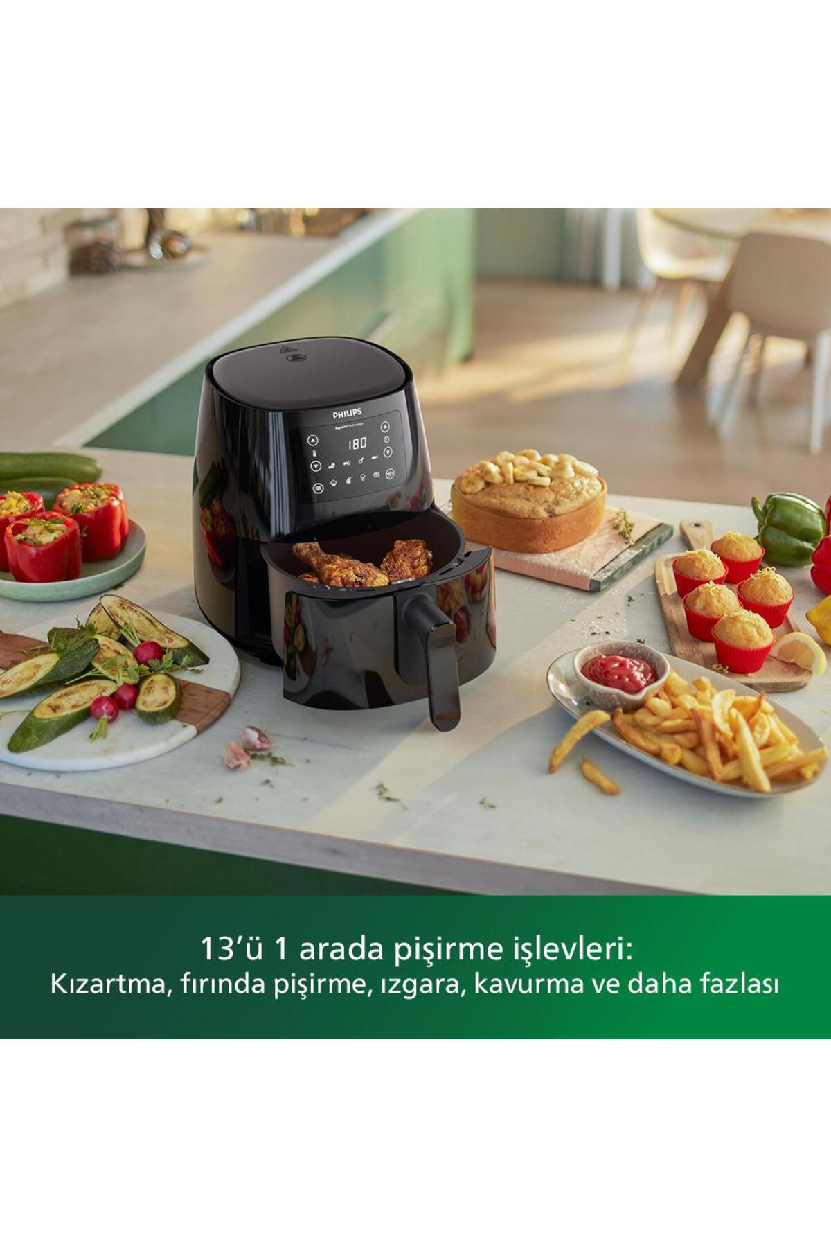 3000 Serisi L Airfryer, 0.8kg, 4.1L Kapasiteli Hazne, Siyah, HD92