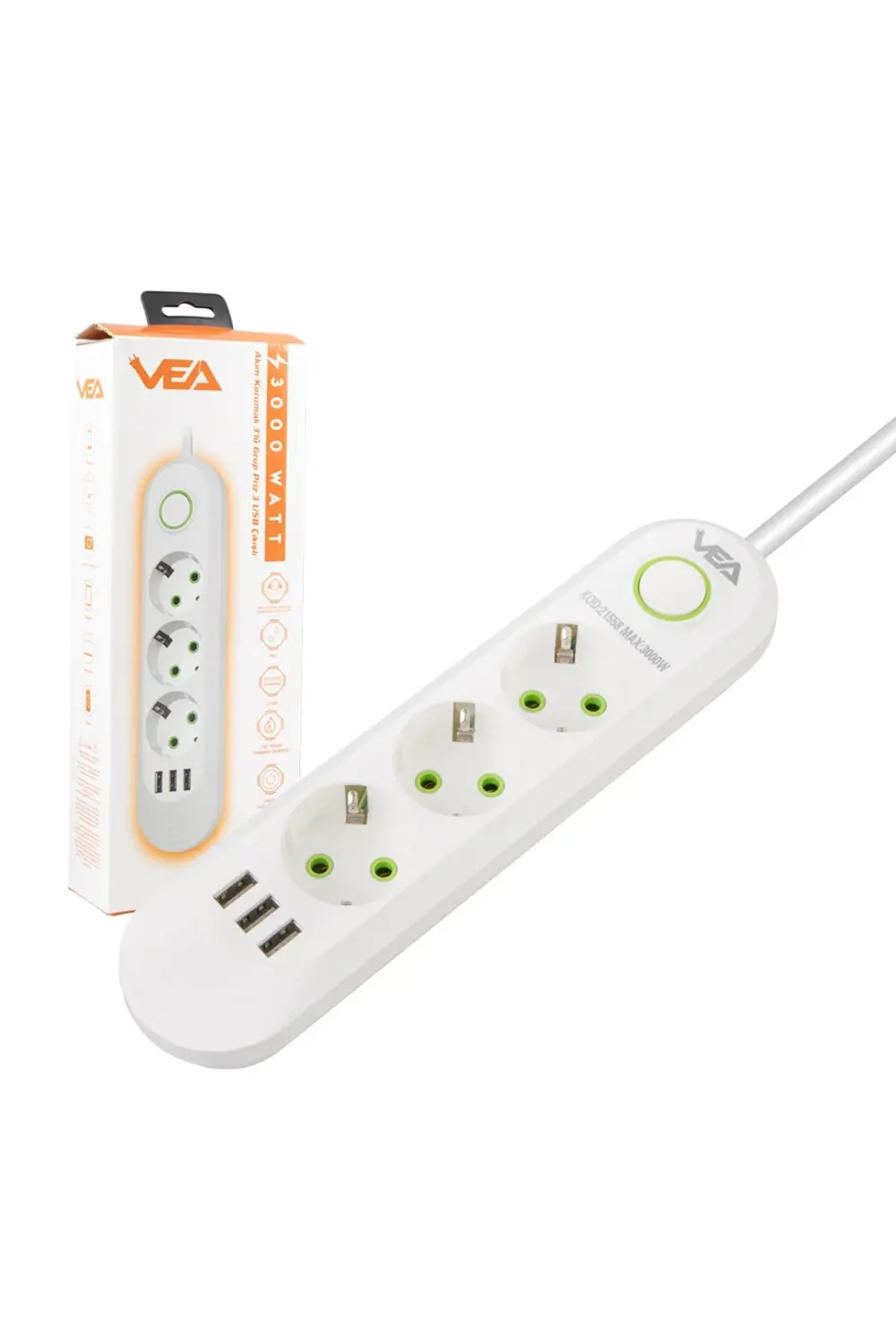 3000 Watt Yüksek Güç 1.5 Metre 3'lü Akım Korumalı Priz Ve 3'lü Us