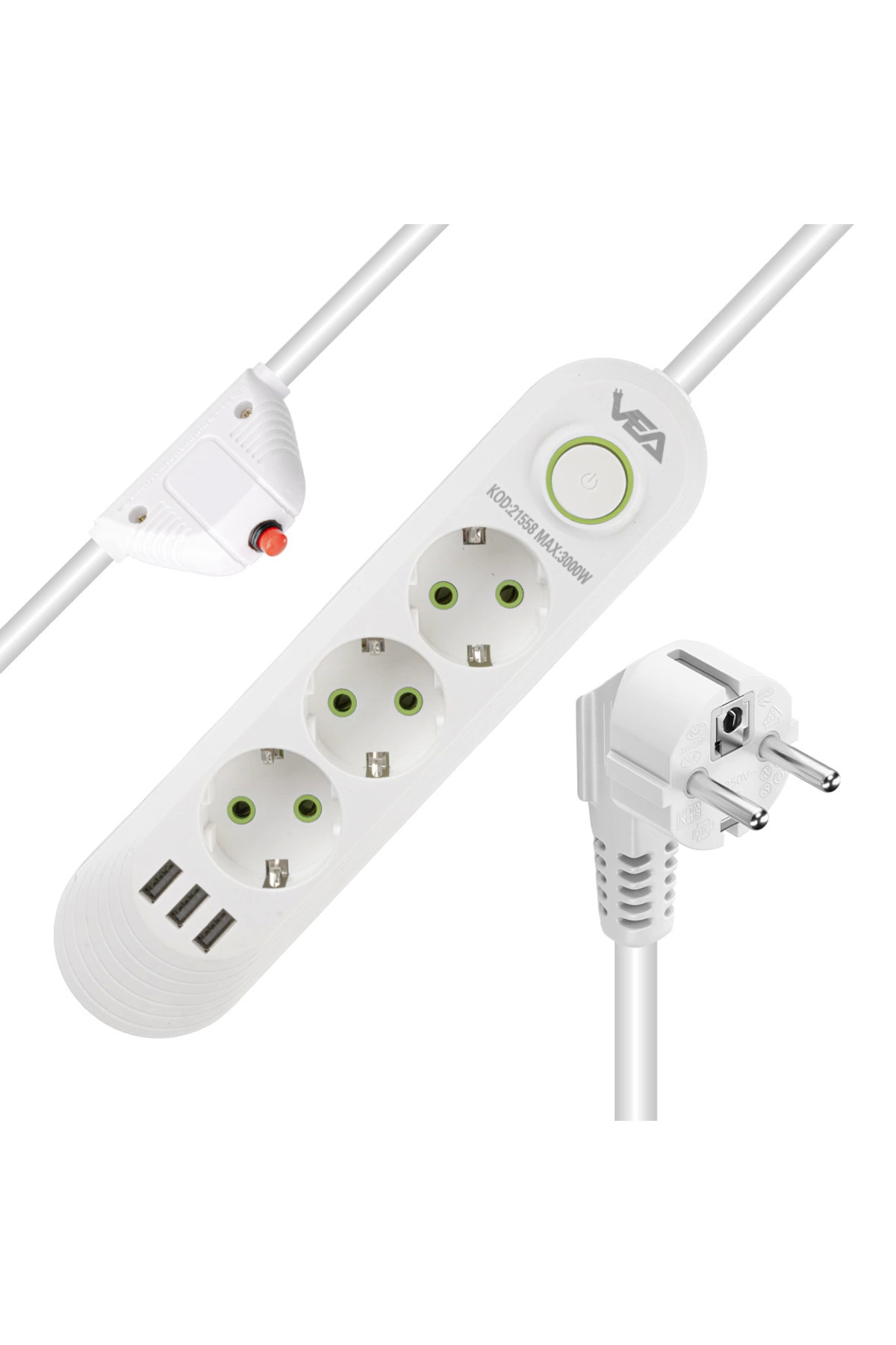 3000 Watt Yüksek Güç 1.5 Metre 3'lü Akım Korumalı Priz Ve 3'lü Usb Şarj Aleti Beyaz