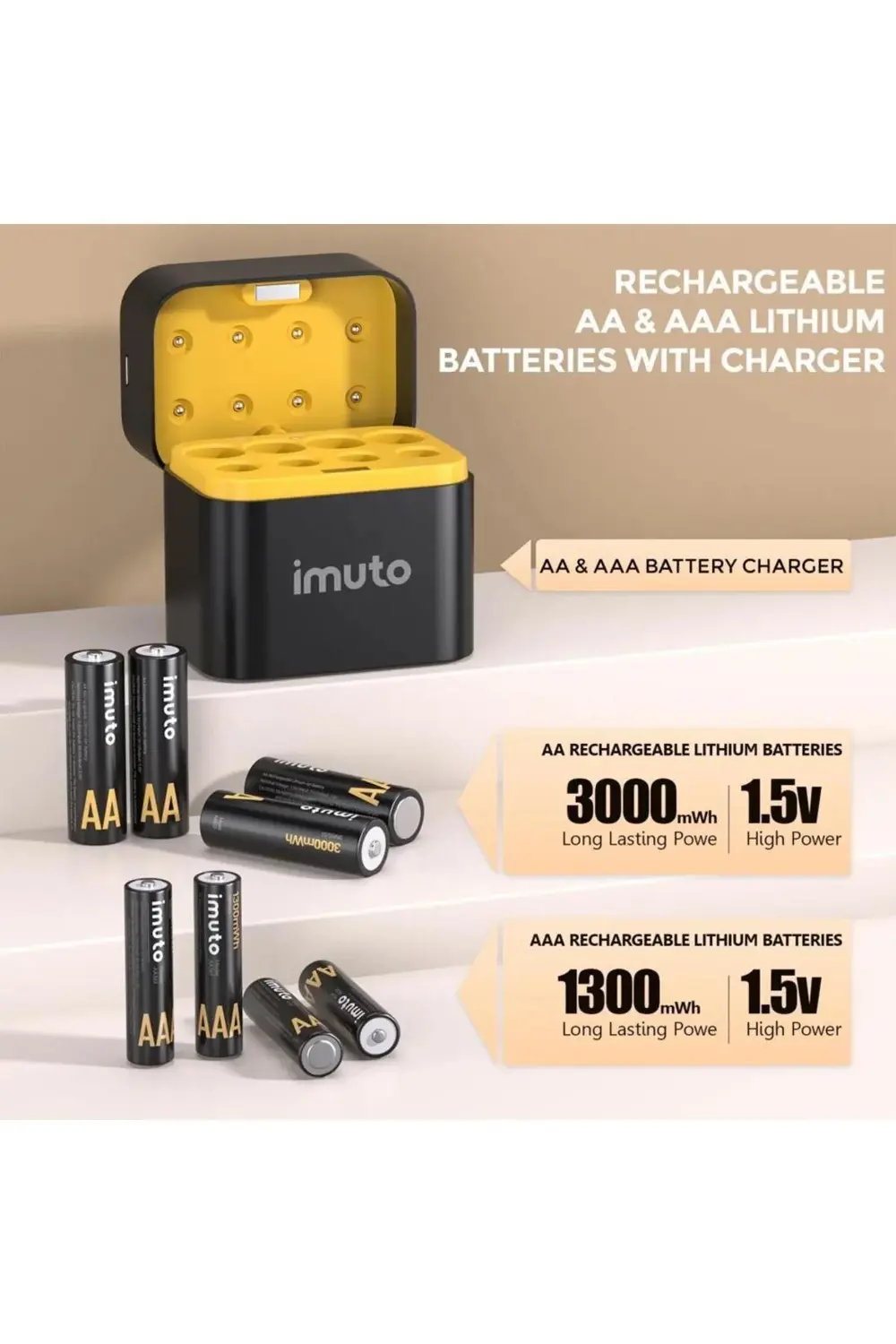 3000mWh AA & 1300mWh AAA Lityum Şarjlı Pil Seti (4+4) Yuvalı Şarj