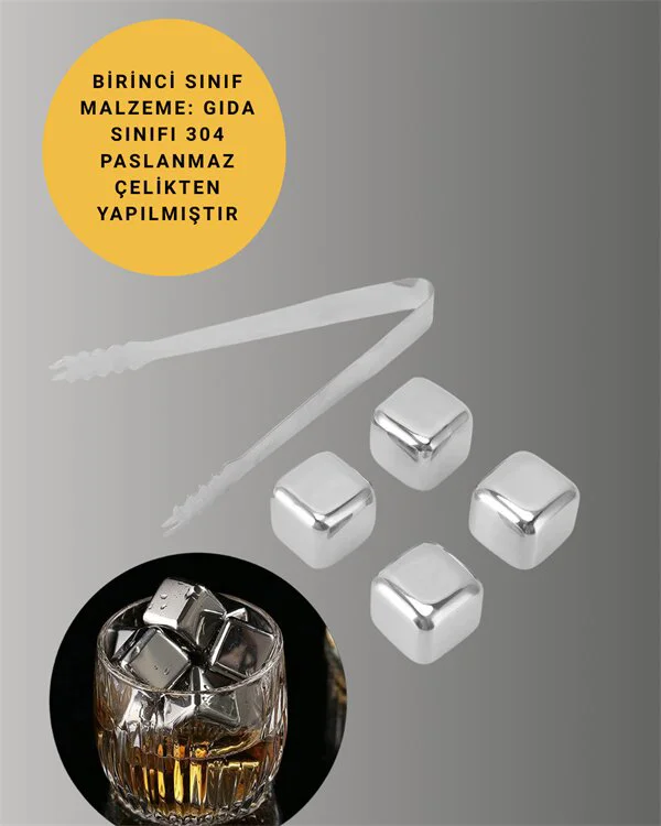 304 Çelik Metal Buz Küpleri 4'lü Set - Paslanmaz, Çevre Dostu ve Hızlı Soğutma