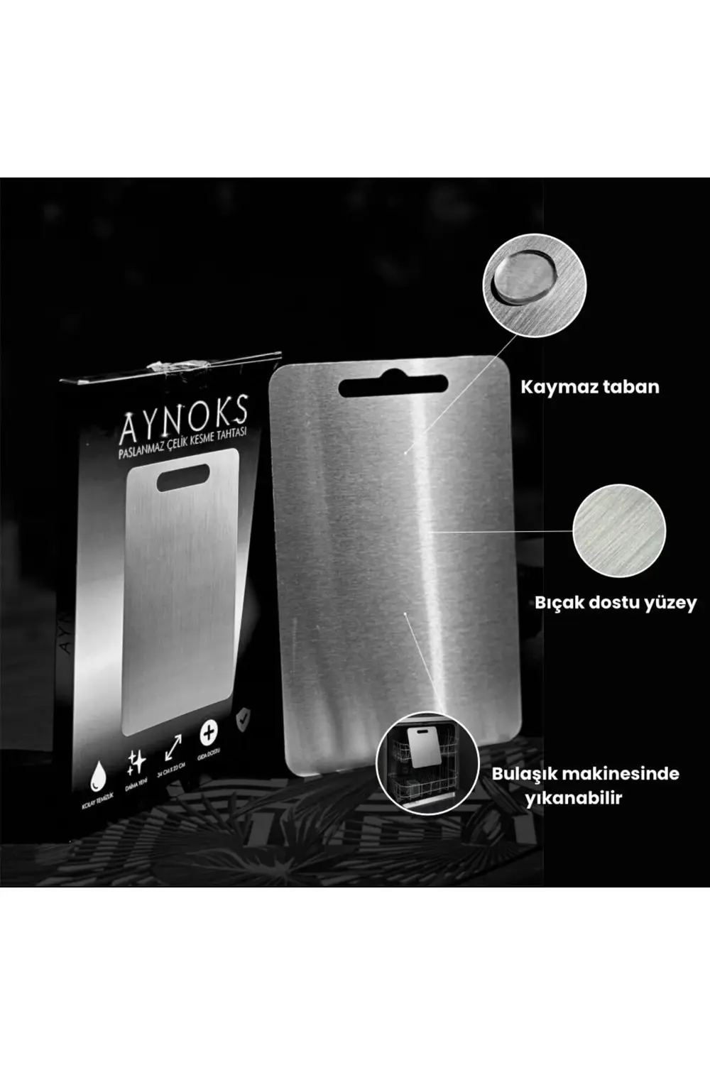 304 Kalite Paslanmaz Çelik Kesme Tahtası Bakteri Üretmeyen 34x23