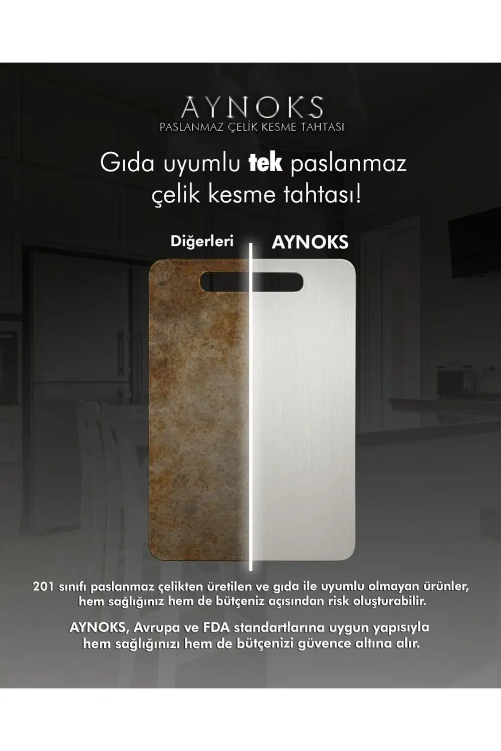 304 Kalite Paslanmaz Çelik Kesme Tahtası Bakteri Üretmeyen 34x23