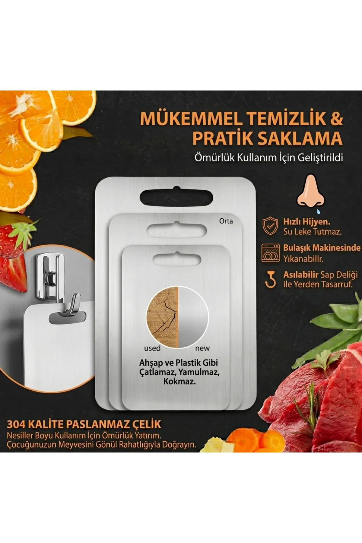304 Kalite Paslanmaz Çelik 3'lü Kesme Tahtası Seti - Koku Yapmaz