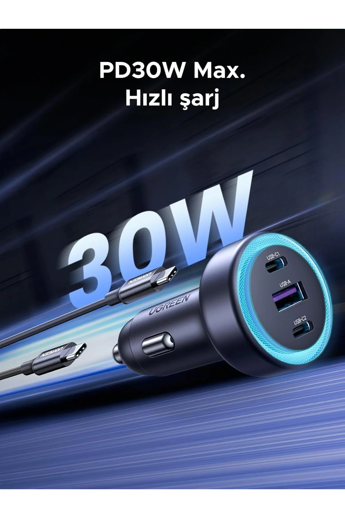 30W 3 Portlu Araç İçi Şarj Cihazı Çakmaklık Adaptörü, 45843 30W 3 Portlu Araç İçi Şarj Cihazı Çakmaklık Adaptörü, 45843 - Görsel 2
