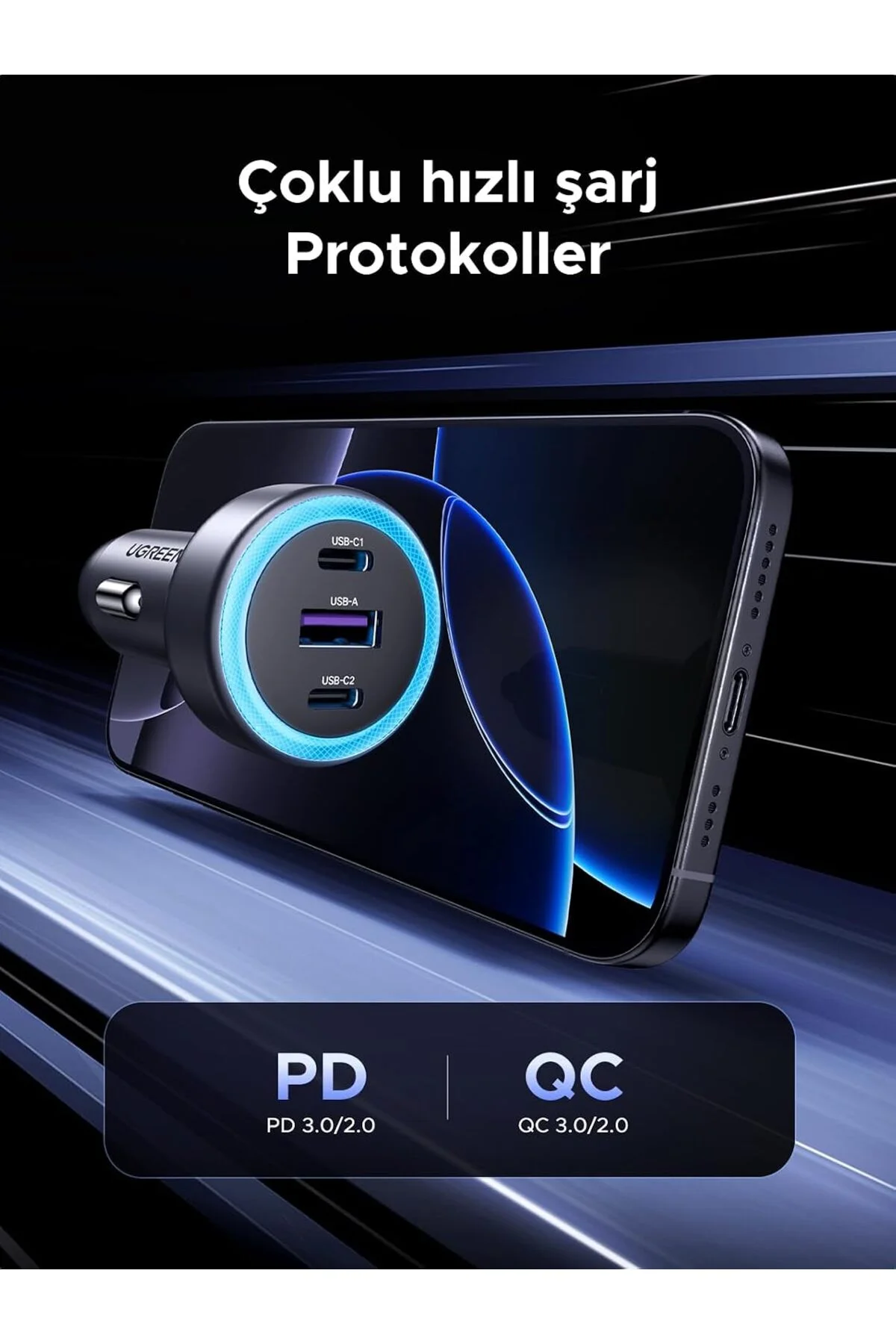 30W 3 Portlu Araç İçi Şarj Cihazı Çakmaklık Adaptörü, 45843 30W 3 Portlu Araç İçi Şarj Cihazı Çakmaklık Adaptörü, 45843 - Görsel 3