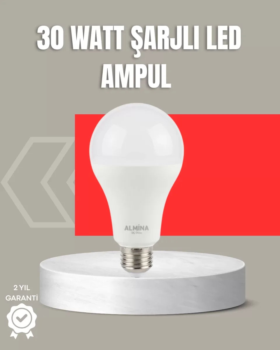 30W Şarjlı LED Ampul E27 Duy %80 Enerji Tasarruflu Soğuk Beyaz - Lisinya