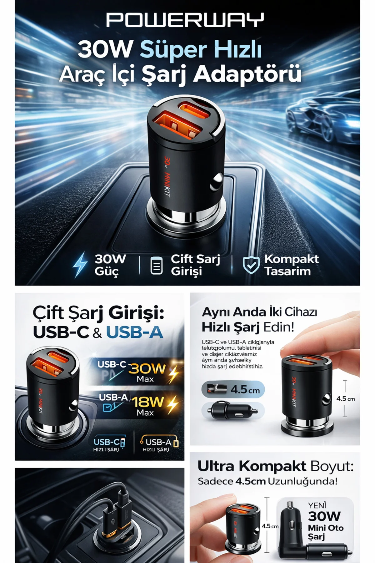 30W Süper Hızlı Araç Şarj Adaptörü – Mini Kompakt Tasarım, PD + Q