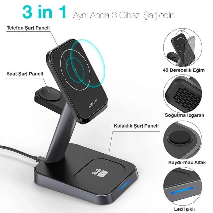 3‗1 Manyetik Katlanabilir Kablosuz Şarj Standı 15W - iPhone iWatch AirPods Aynı Anda Hızlı Şarj